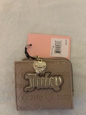 Juicy Couture Taupe Zip Card Case with Pink ID Window